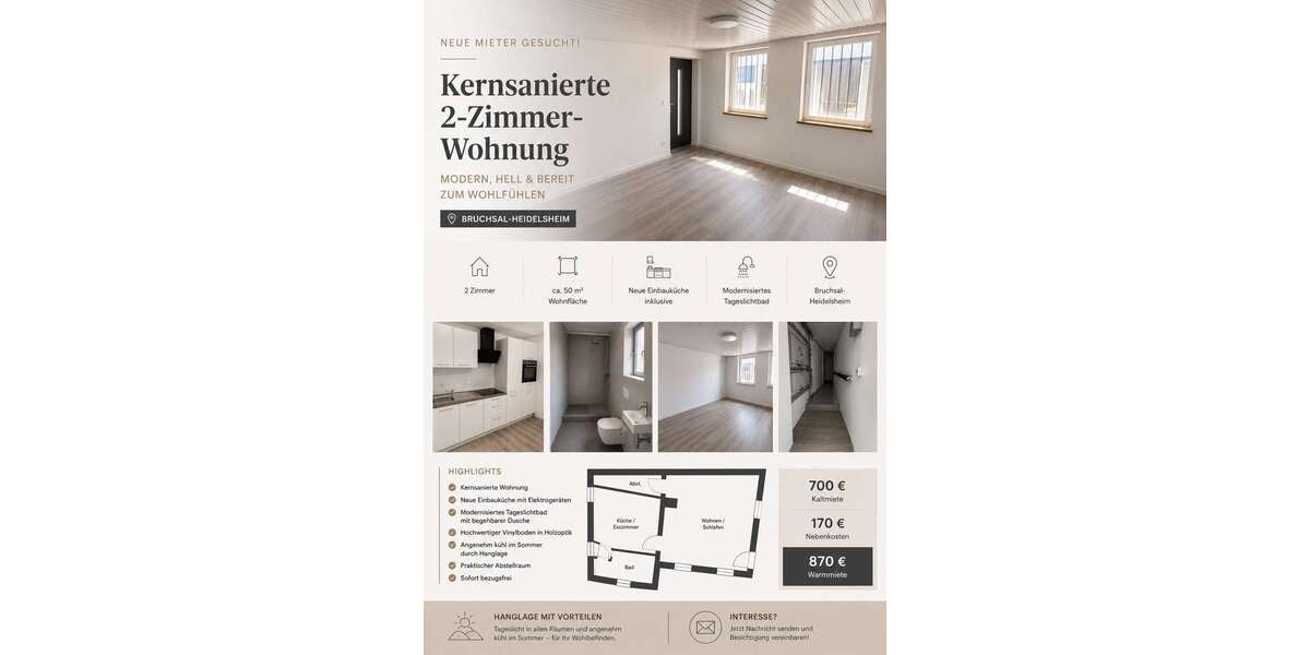 Etagenwohnung Bruchsal-Heidelsheim Heidelsheim - 2 Zimmer, 53 m&sup2;, 700&euro; | Angebot:27032977
