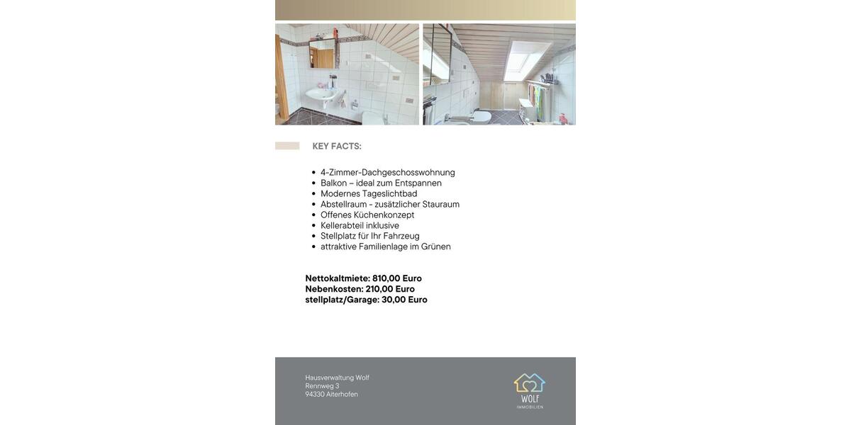 Dachgeschoßwohnung Aiterhofen - 4 Zimmer, 88 m&sup2;, 810&euro; | Angebot:25046973