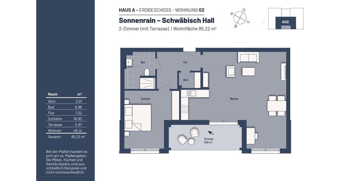 Erdgeschoßwohnung Schwäbisch Hall - 2 Zimmer, 85 m&sup2;, 1.150&euro; | Angebot:24601506