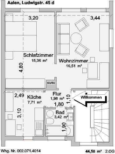 Etagenwohnung Aalen - 2 Zimmer, 45 m&sup2;, 690&euro; | Angebot:23902681