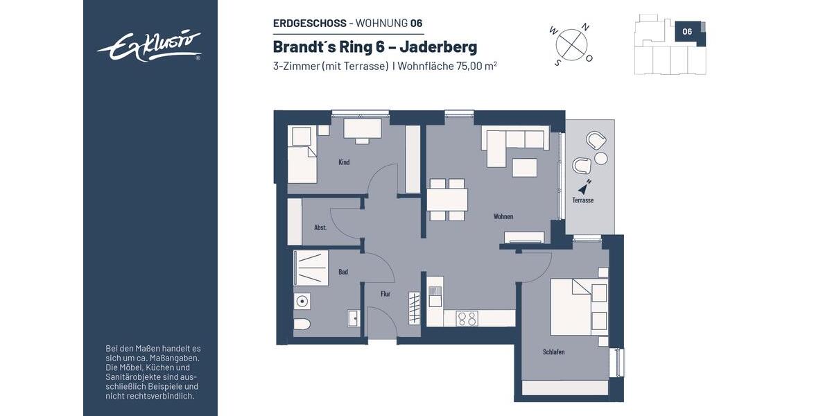Erdgeschoßwohnung Jade - 3 Zimmer, 75 m&sup2;, 548&euro; | Angebot:25542267
