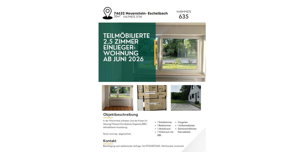 Erdgeschoßwohnung Neuenstein - 2.5 Zimmer, 30 m&sup2;, 635&euro; | Angebot:25385404