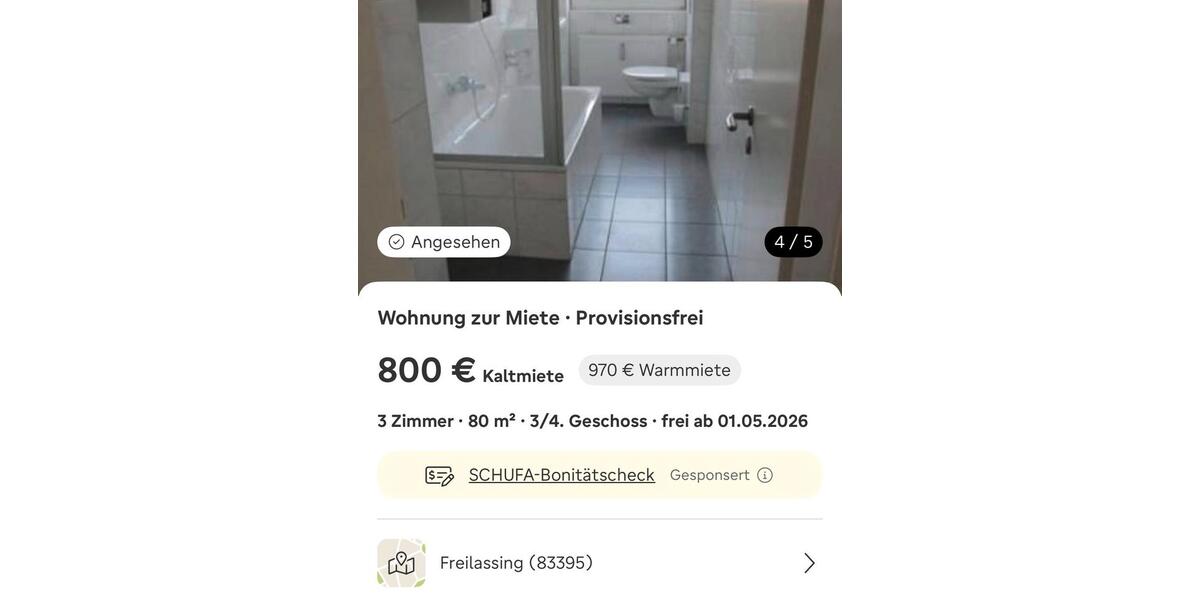 Etagenwohnung Freilassing - 2 Zimmer, 80 m&sup2;, 970&euro; | Angebot:25129162