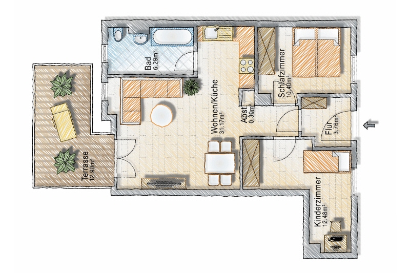 EINBAUKÜCHE – MODERNES WANNENBAD MIT FENSTER – TERRASSE – EINBAUSCHRANK - Terrassenwohnung Freital Deuben | Angebot:25887763