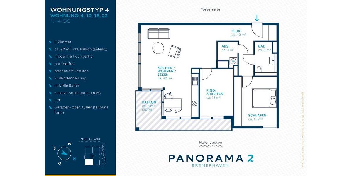 Dachgeschoßwohnung Bremerhaven Mitte - 3 Zimmer, 89 m&sup2;, 1.600&euro; | Angebot:25979675