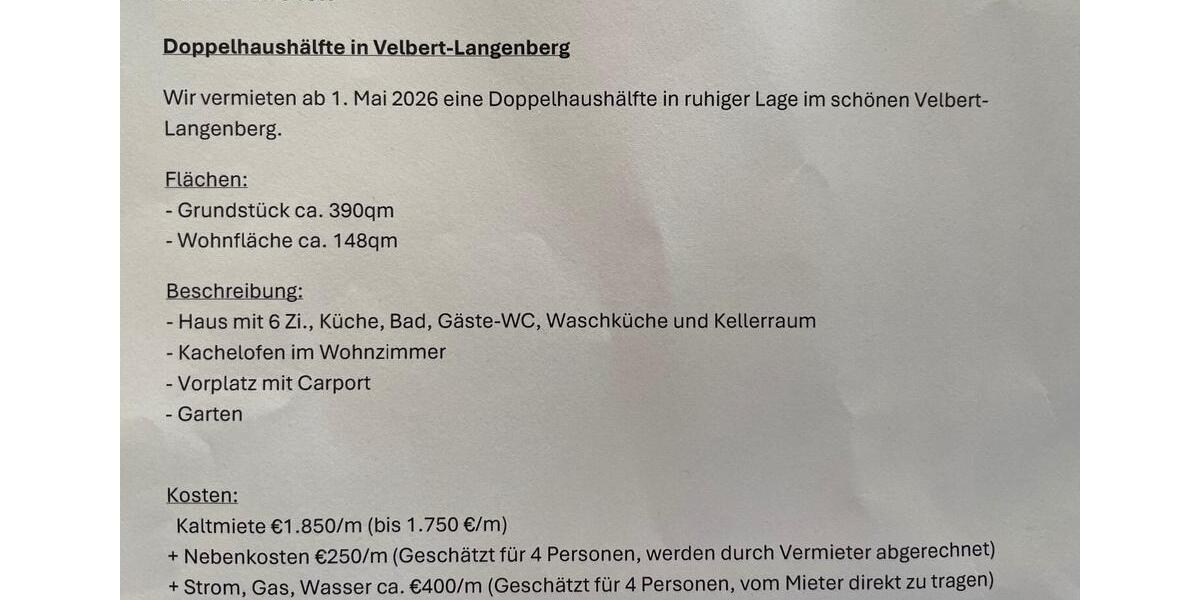 Doppelhaushälfte Velbert Langenberg - 6 Zimmer, 148 m&sup2;, 1.850&euro; | Angebot:25358178