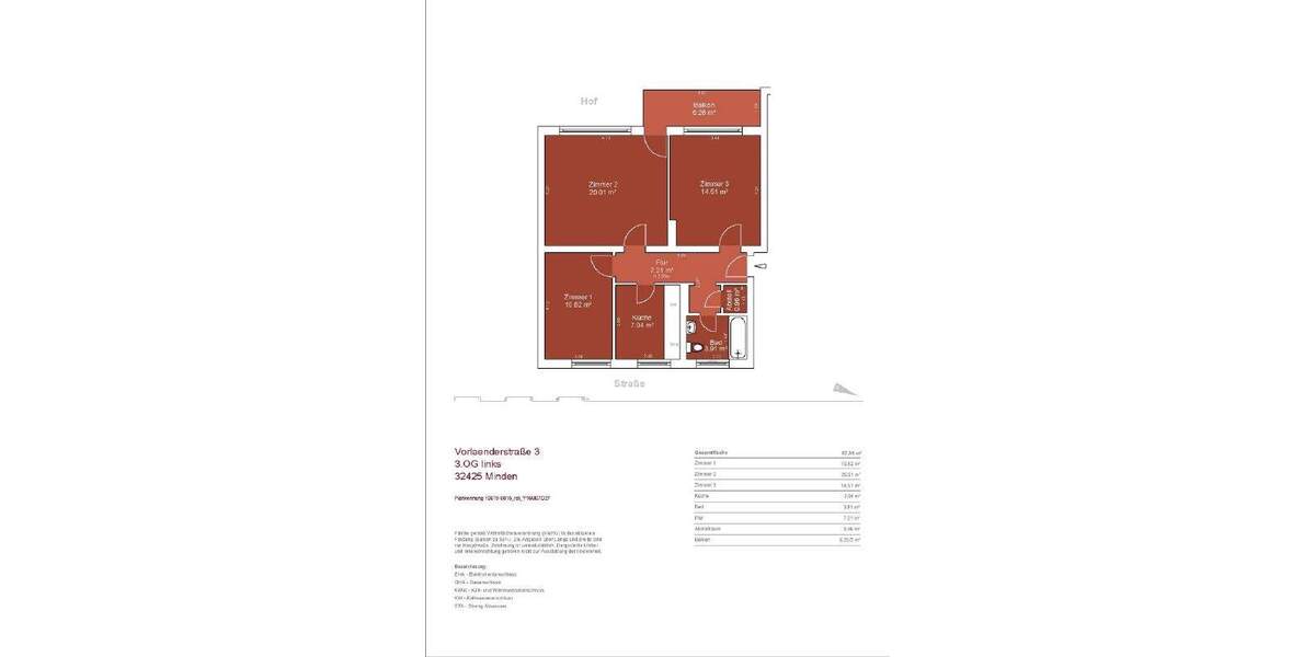 Etagenwohnung Minden Innenstadt - 3 Zimmer, 67 m&sup2;, 825&euro; | Angebot:26228356