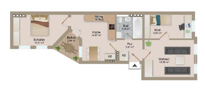 Etagenwohnung Magdeburg Alte Neustadt - 3 Zimmer, 63 m&sup2;, 618&euro; | Angebot:26566183