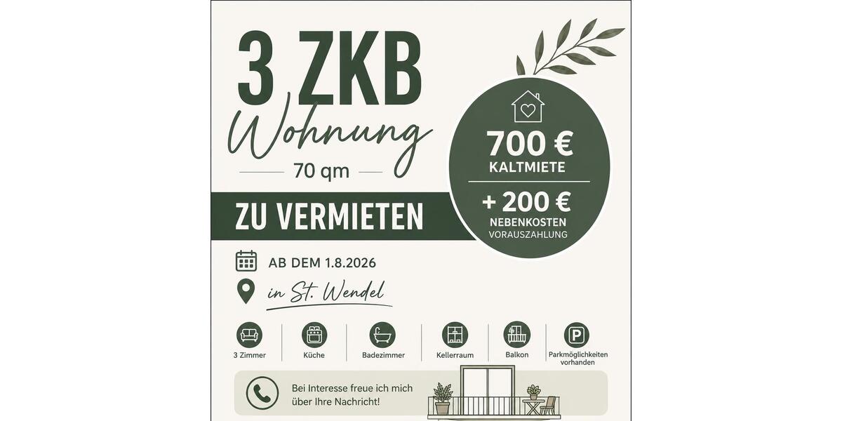Hochparterre Sankt Wendel - 3 Zimmer, 70 m&sup2;, 700&euro; | Angebot:26554504
