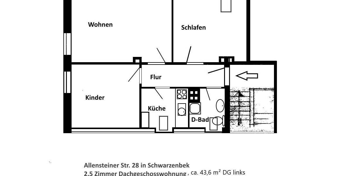 Etagenwohnung Schwarzenbek Schmiedekamp - 3 Zimmer, 43 m&sup2;, 375&euro; | Angebot:26204410