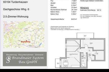 Wohnung Bruckmühl - 2.5 Zimmer, 55 m&sup2;, 1.081&euro; | Angebot:25235070