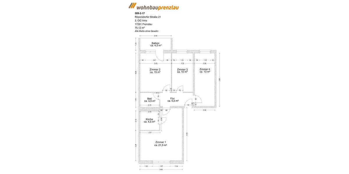 Etagenwohnung Prenzlau - 4 Zimmer, 75 m&sup2;, 500&euro; | Angebot:25341132