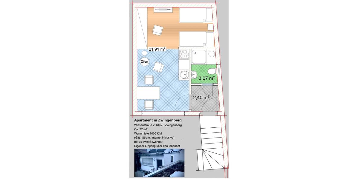 Etagenwohnung Zwingenberg - 1 Zimmer, 27 m&sup2;, 1.000&euro; | Angebot:25173724