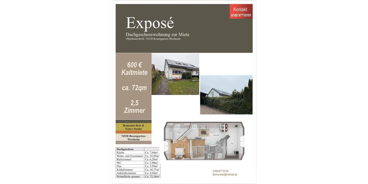 Dachgeschoßwohnung Rosengarten - 2.5 Zimmer, 72 m&sup2;, 600&euro; | Angebot:26613932