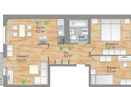 Wohnung Halle Südstadt - 3 Zimmer, 56 m&sup2;, 367&euro; | Angebot:27014069