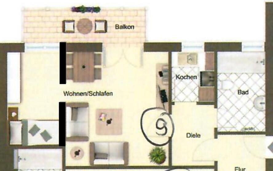 1,5 Zimmer Wohnung 41m² 1. OG mit Balkon, Einbauküche und Bad
