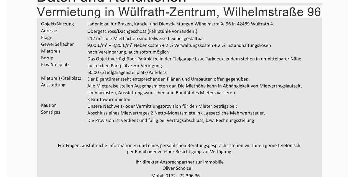 Gewerbeobjekt Wülfrath Innenstadt - 5 Zimmer, 212 m&sup2;, 1.908&euro; | Angebot:22917118