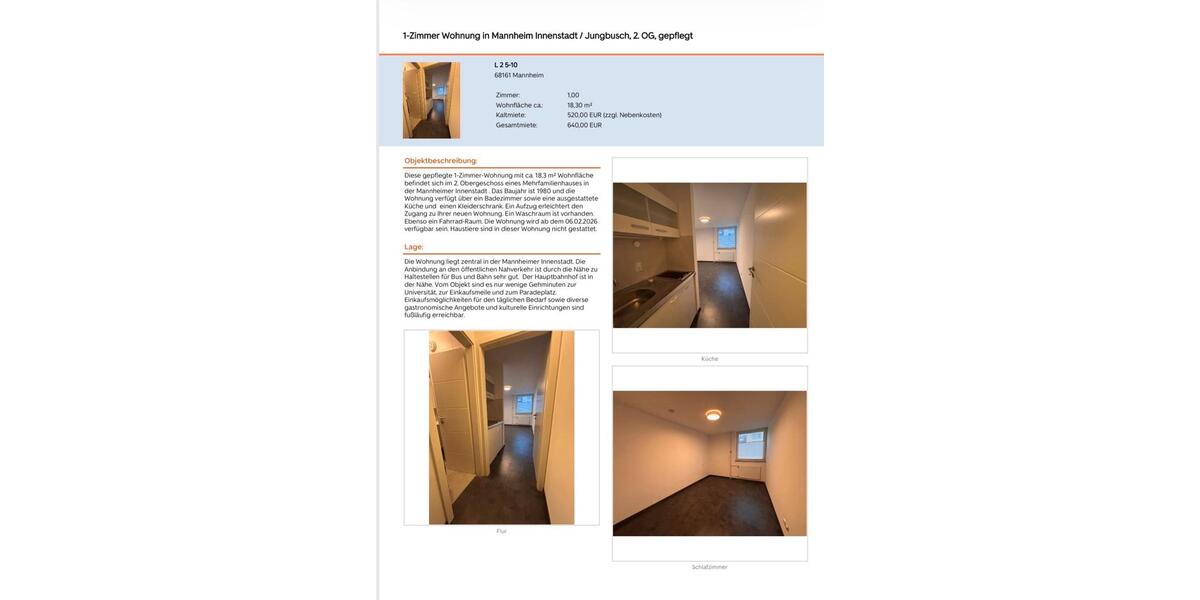 Etagenwohnung Sandhausen - 1 Zimmer, 18 m&sup2;, 640&euro; | Angebot:26613959