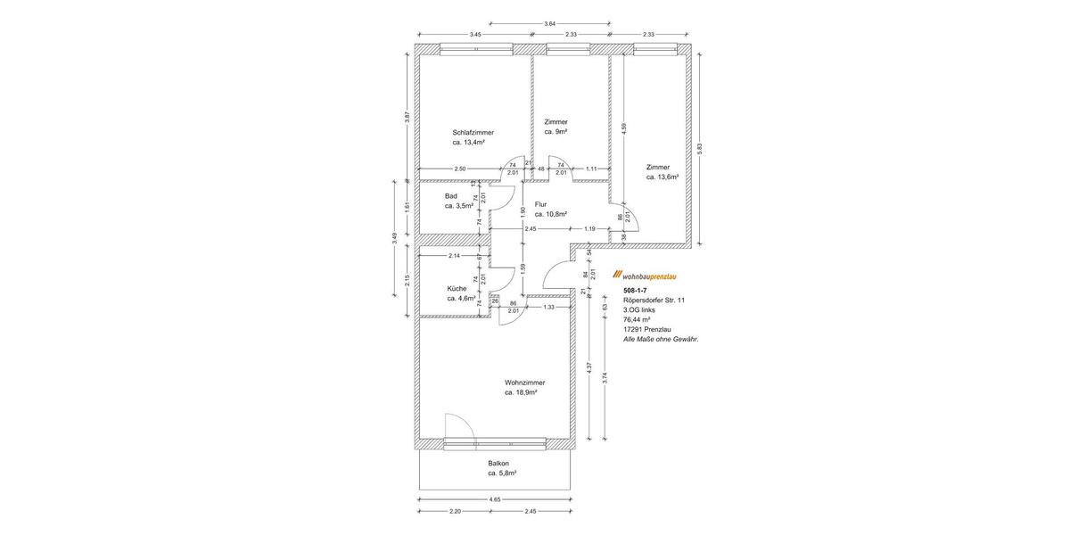 Etagenwohnung Prenzlau - 4 Zimmer, 76 m&sup2;, 505&euro; | Angebot:23247512