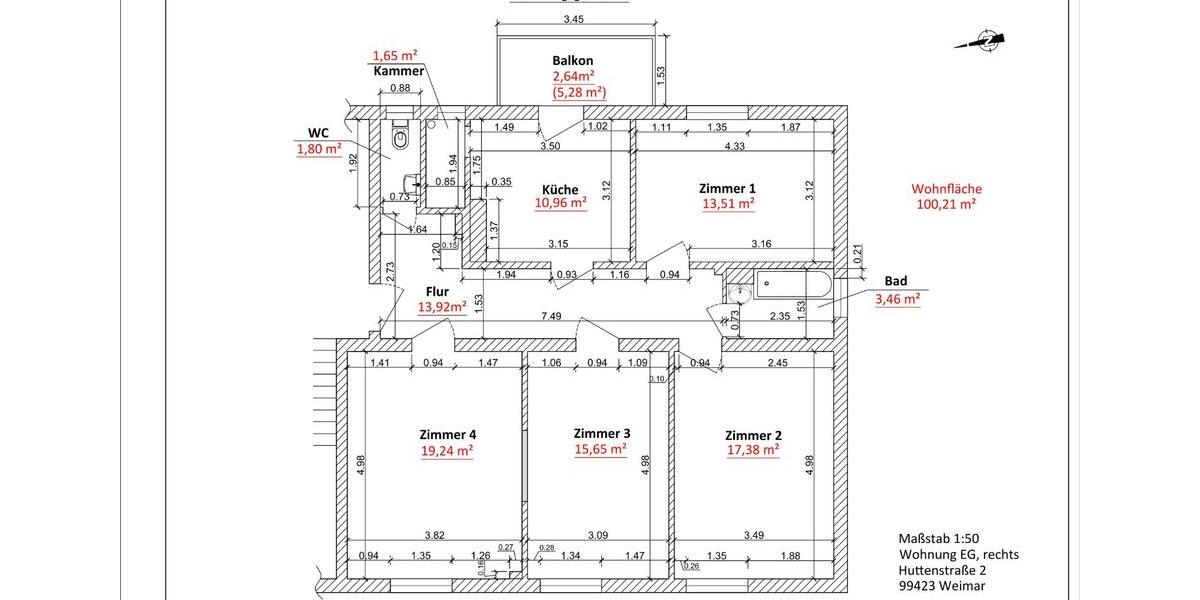Hochparterre Weimar - 4 Zimmer, 100 m&sup2;, 1.100&euro; | Angebot:26021511