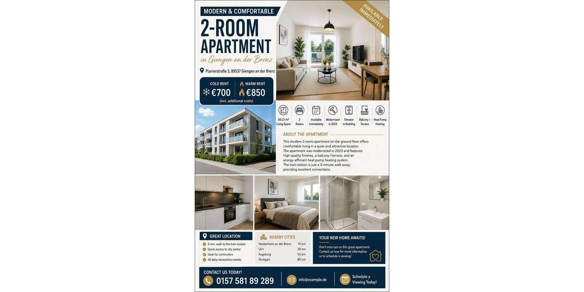Etagenwohnung Giengen an der Brenz - 2 Zimmer, 50 m&sup2;, 700&euro; | Angebot:26957375
