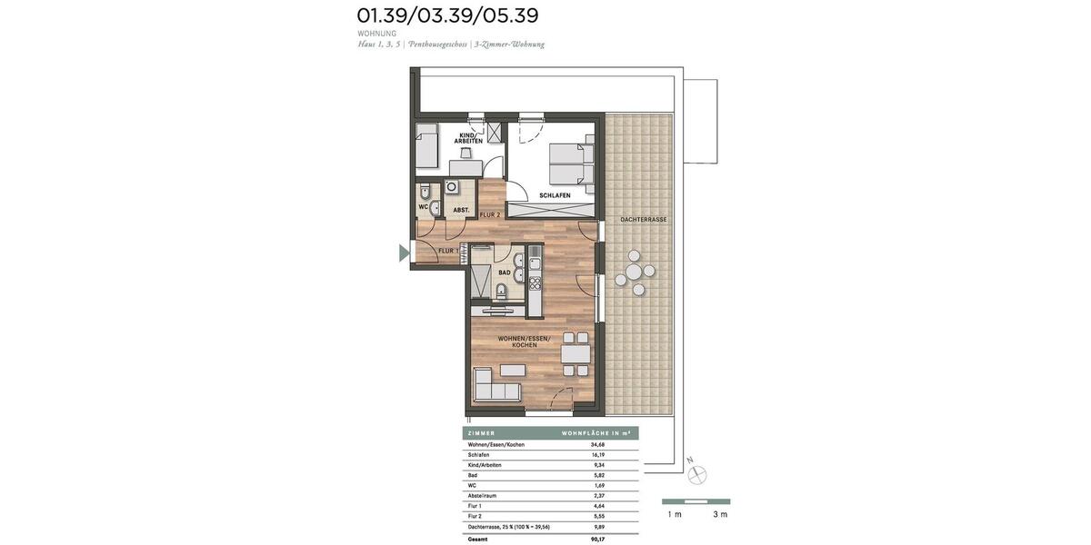 3-Zi. Wohnung mit großer Dachterrasse, Einbauküche, 2 TG-Stellplätzen 3 zimmer