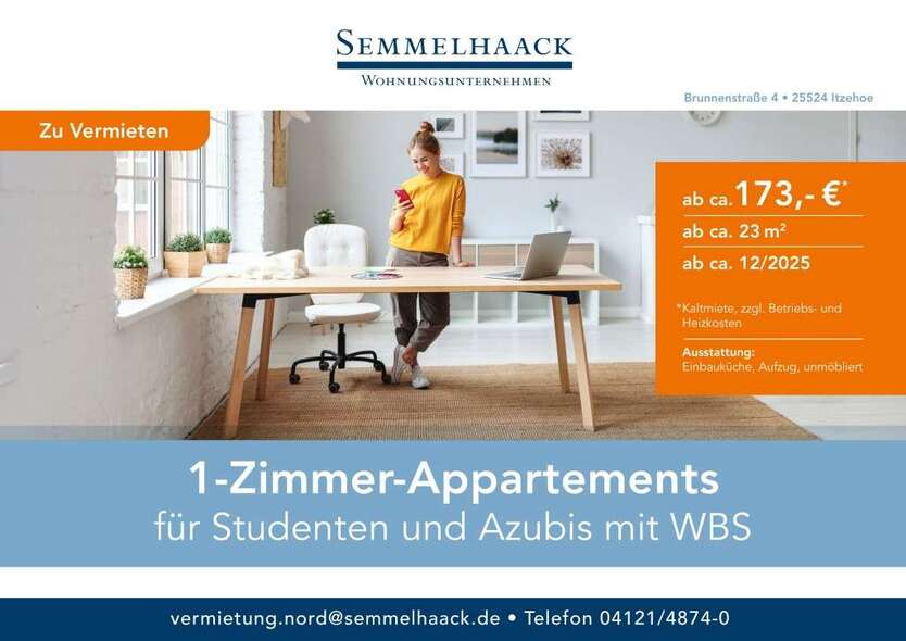 Wohnung zum Mieten in Itzehoe 178,55 € 23.34 m² 1 zimmer
