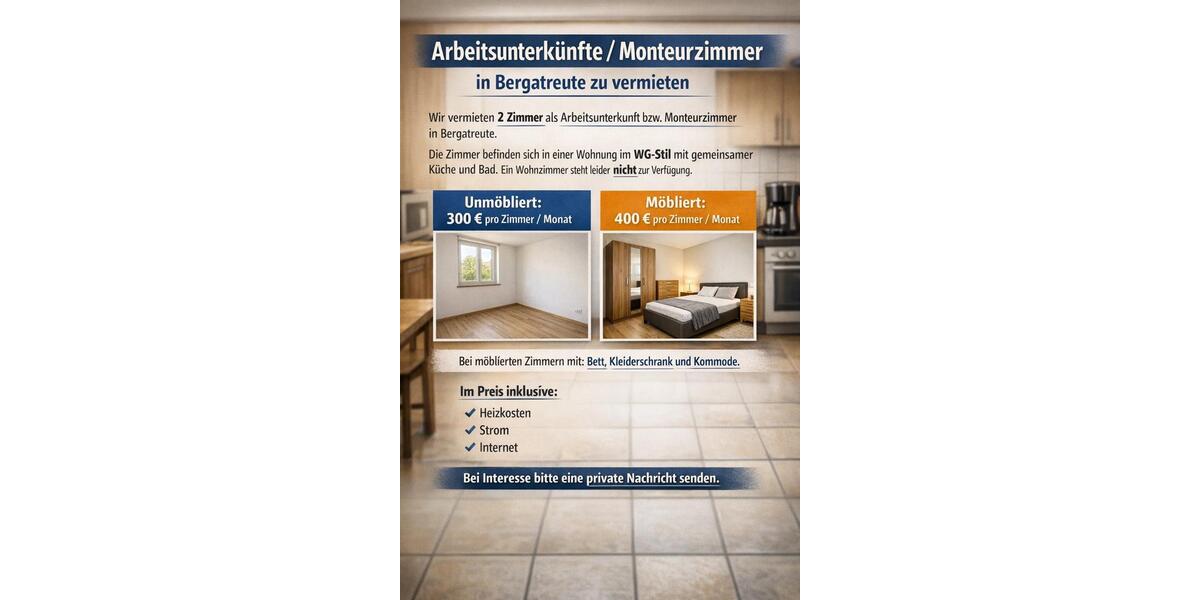 Wohnen auf Zeit Bergatreute - 2 Zimmer, 12 m&sup2;, 300&euro; | Angebot:25640760