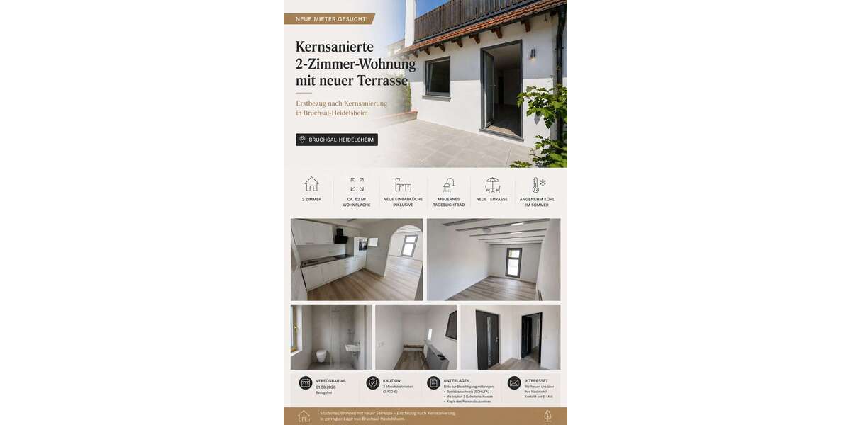 Etagenwohnung Bruchsal-Heidelsheim Heidelsheim - 2 Zimmer, 61 m&sup2;, 800&euro; | Angebot:27032976