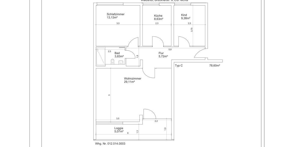 Erdgeschoßwohnung Waldshut-Tiengen Tiengen - 3 Zimmer, 79 m&sup2;, 860&euro; | Angebot:26533960
