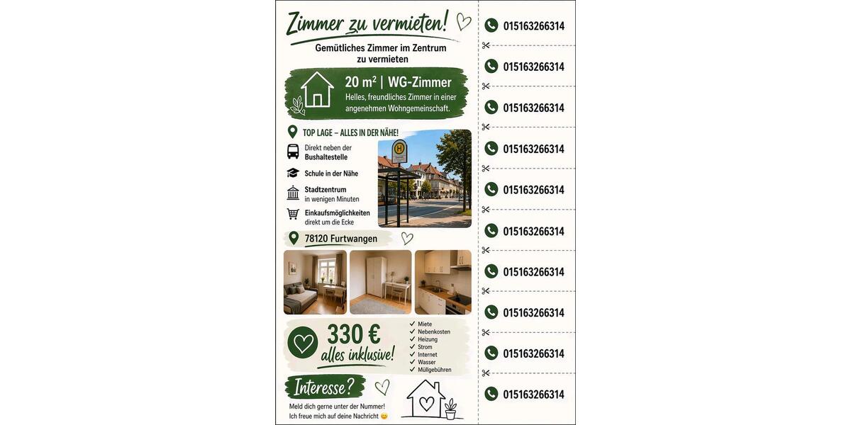 Etagenwohnung Furtwangen im Schwarzwald - 1 Zimmer, 20 m&sup2;, 330&euro; | Angebot:26268883