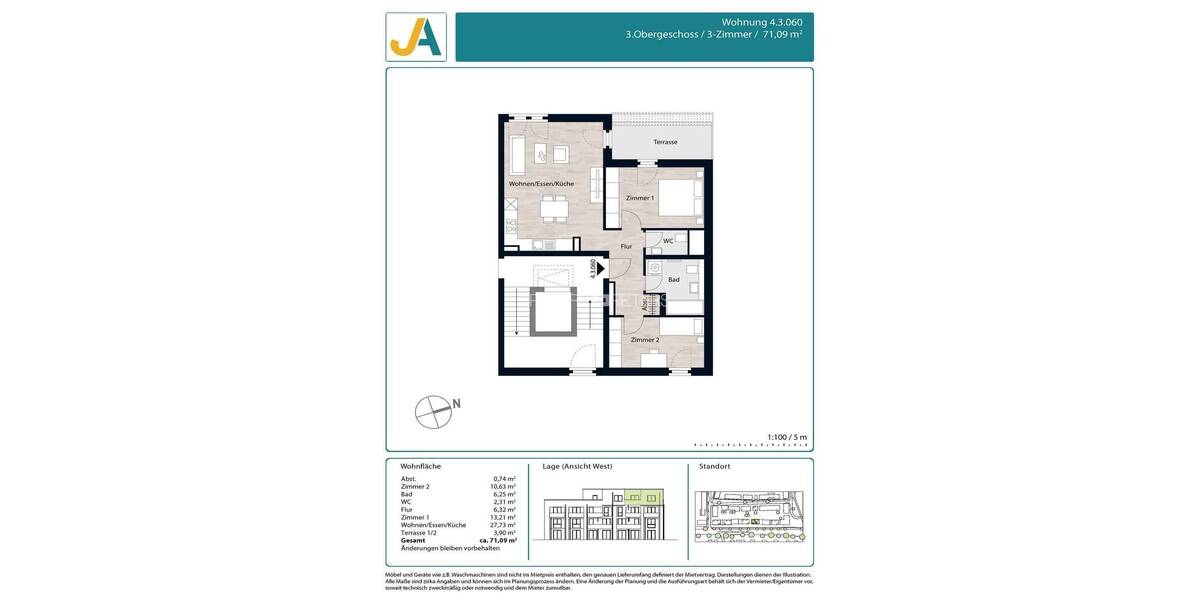Etagenwohnung Hamburg Jenfeld - 3 Zimmer, 71 m&sup2;, 1.229&euro; | Angebot:26911108