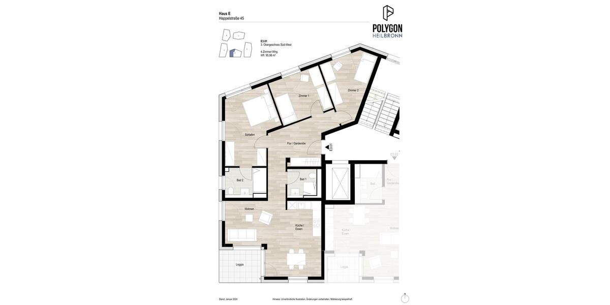 Etagenwohnung Heilbronn Kernstadt - 4 Zimmer, 96 m&sup2;, 1.465&euro; | Angebot:22486056