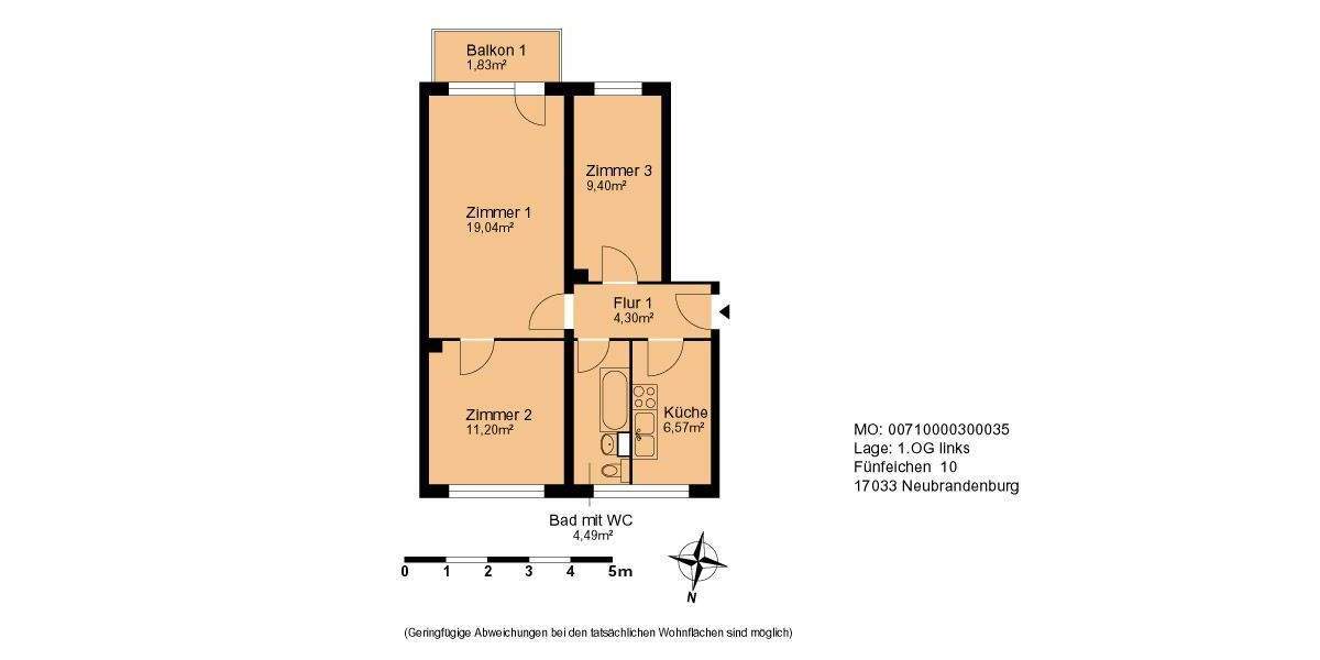 Etagenwohnung Neubrandenburg Südstadt - 3 Zimmer, 59 m&sup2;, 400&euro; | Angebot:24910062