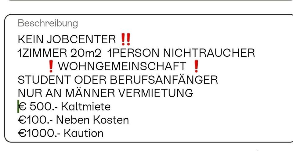 1ZIMMER 20m2 € 600.- NUR MÄNNER- STUDENT NICHTRAUCHER 1 zimmer