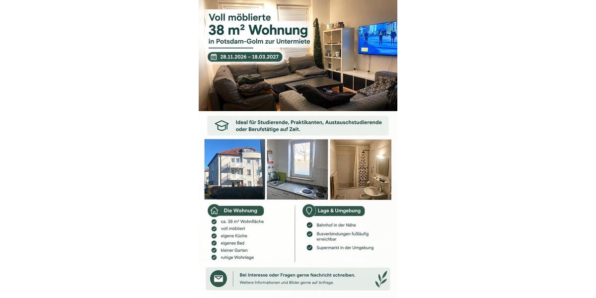 Erdgeschoßwohnung Potsdam Krampnitz - 1 Zimmer, 38 m&sup2;, 900&euro; | Angebot:27631762