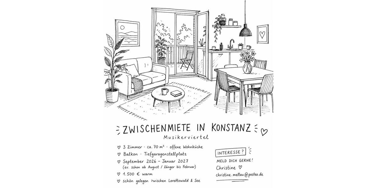 Wohnen auf Zeit Konstanz - 3 Zimmer, 70 m&sup2;, 1.500&euro; | Angebot:26359852