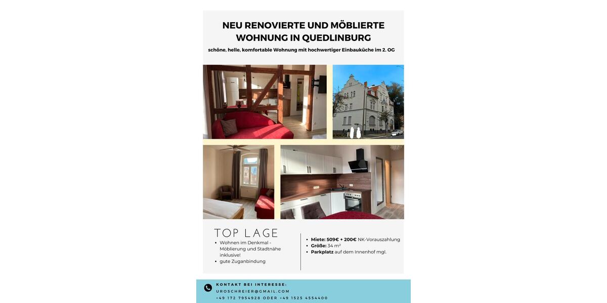 Etagenwohnung Quedlinburg - 1 Zimmer, 34 m&sup2;, 499&euro; | Angebot:25283495