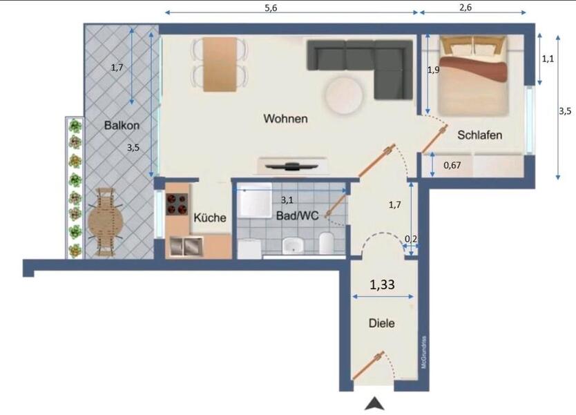 Möblierte 2 Zimmer-Wohnung mit Balkon in Nürnberg Maxfeld direkt 2 zimmer