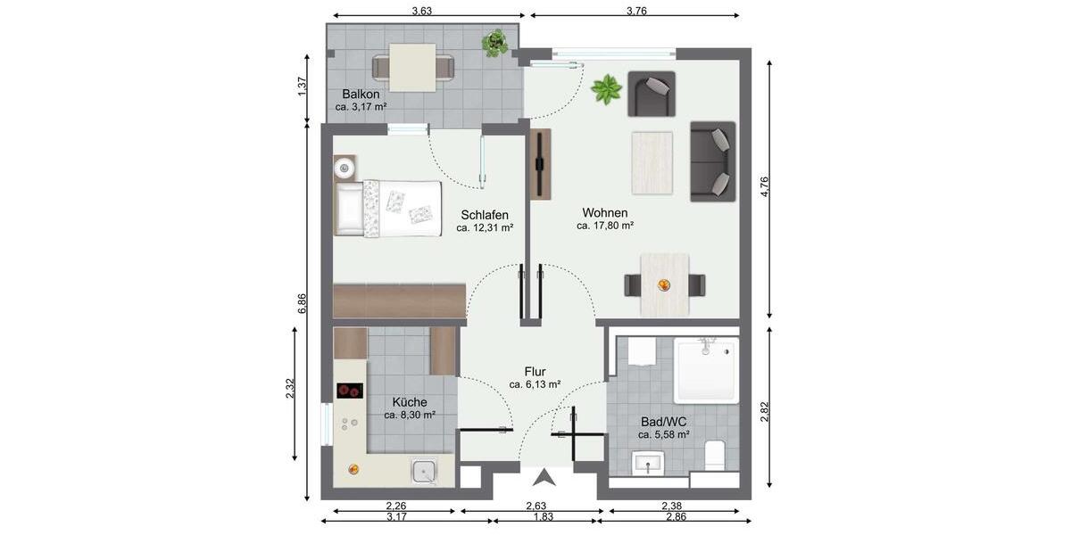 Etagenwohnung Hamm Braam-Ostwennemar - 2 Zimmer, 51 m&sup2;, 778&euro; | Angebot:22082374