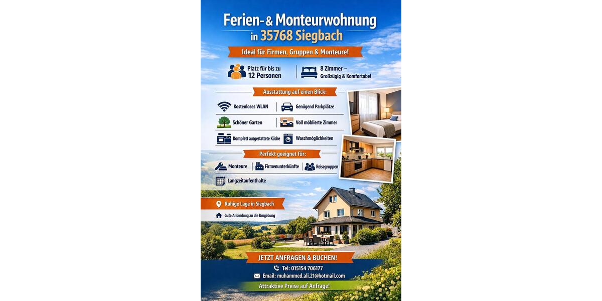 Wohnen auf Zeit Siegbach - 8 Zimmer, 200 m&sup2;, 15&euro; | Angebot:25918284