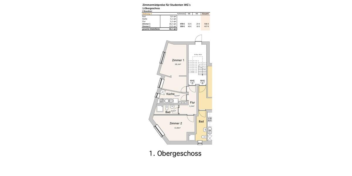 Etagenwohnung Osnabrück Fledder - 2 Zimmer, 46 m&sup2;, 359&euro; | Angebot:26598451