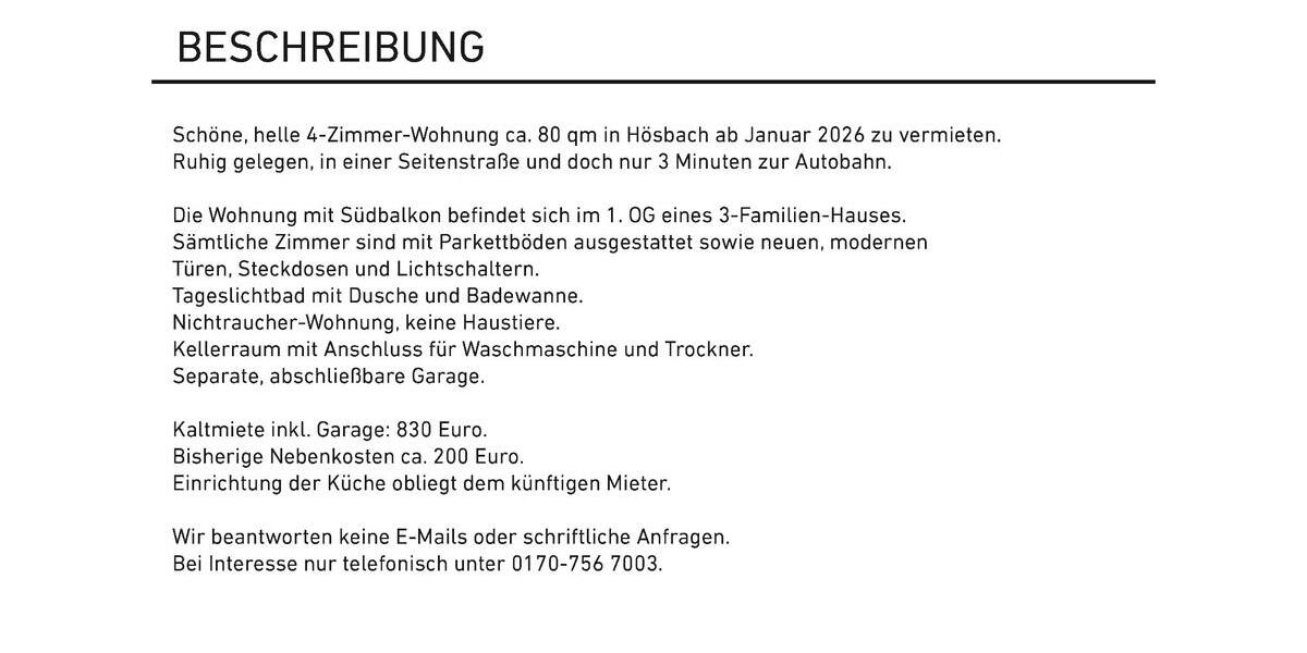 Etagenwohnung Hösbach - 4 Zimmer, 80 m&sup2;, 830&euro; | Angebot:24866250