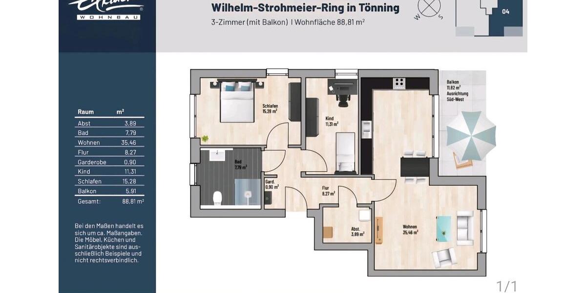 Neubau-Mietwohnung (geh. Kat.) Erstbezug Tönning 1 zimmer