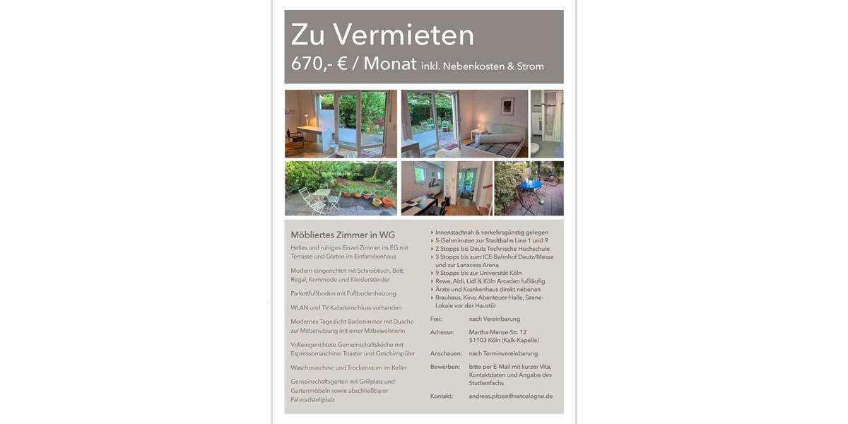 Zimmer in Studenten-WG in Köln-Kalk 4 zimmer