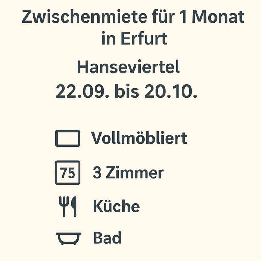 1 Monat Zwischenmiete in Erfurt nähe FH Zentrum 75m² 3 Zimmer