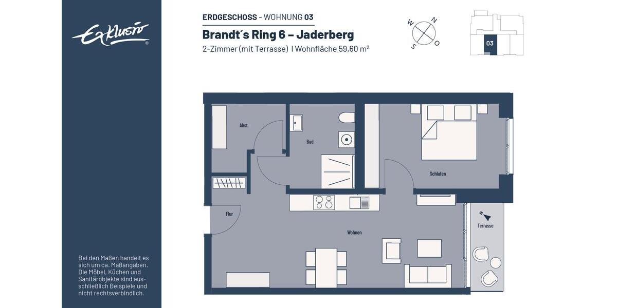 Erdgeschoßwohnung Jade - 2 Zimmer, 60 m&sup2;, 436&euro; | Angebot:25542266