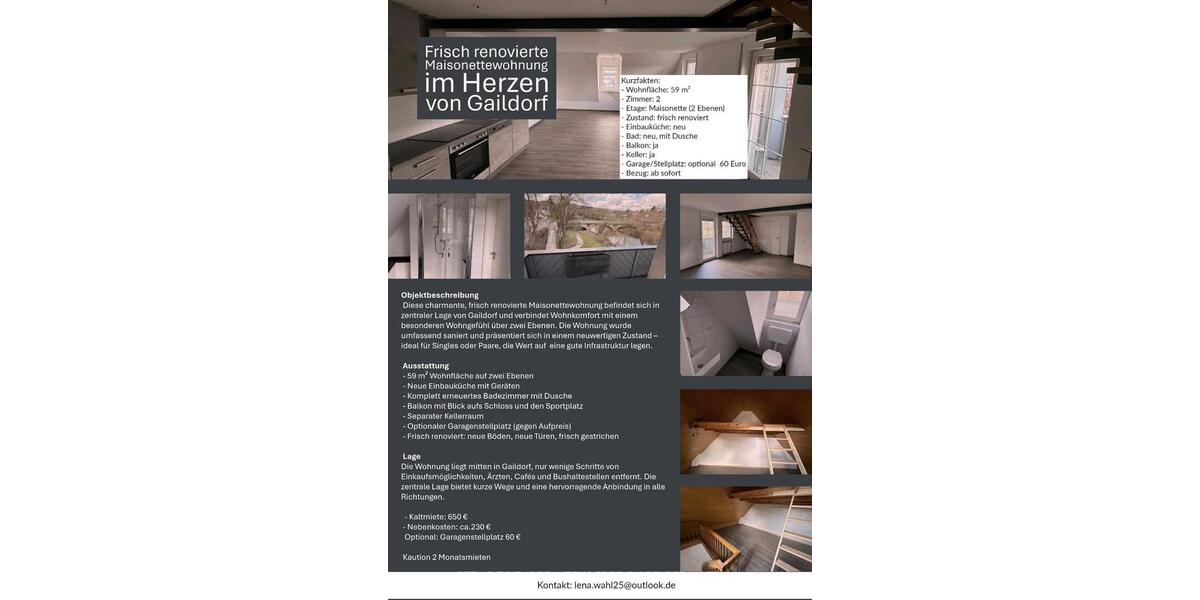 Maisonettenwohnung Gaildorf - 2 Zimmer, 59 m&sup2;, 650&euro; | Angebot:25906974