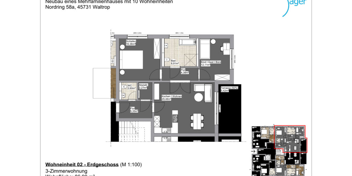 Erdgeschoßwohnung Waltrop - 3 Zimmer, 87 m&sup2;, 1.174&euro; | Angebot:24428779