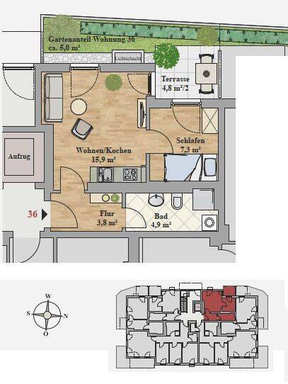 Terrassenwohnung Dresden Leubnitz-Neuostra - 1 Zimmer, 34 m&sup2;, 585&euro; | Angebot:26489405